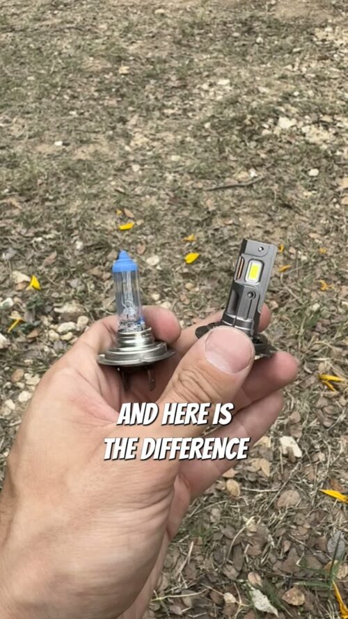 H7 halogen bulb on the left and LED replacement bulb on the right in Chris’s Ram ProMaster comparison